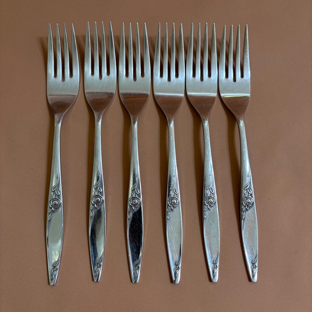 West Bend Twilight Rose Dinner Forks Stainless Steel USA Floral Set of 6 Cottage